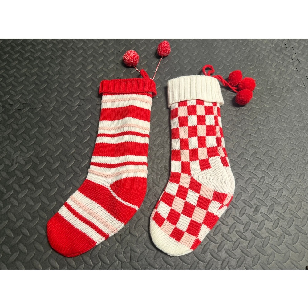 Christmas Stockings Knit 2 pc Set Striped Holiday Stocking Farmhouse NWOT Red